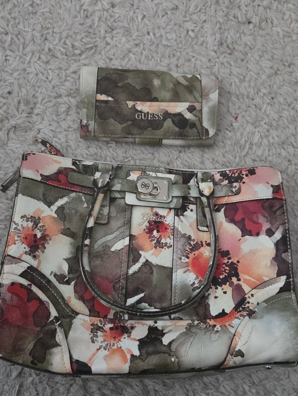 Vintage GUESS Floral Watercolor Tote and Matching Wallet in Green, Pink, Orange